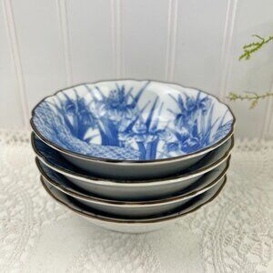 Vintage Japanese Porcelain Bowls Set Of 4 Blue & White Iris Floral 5" Scalloped